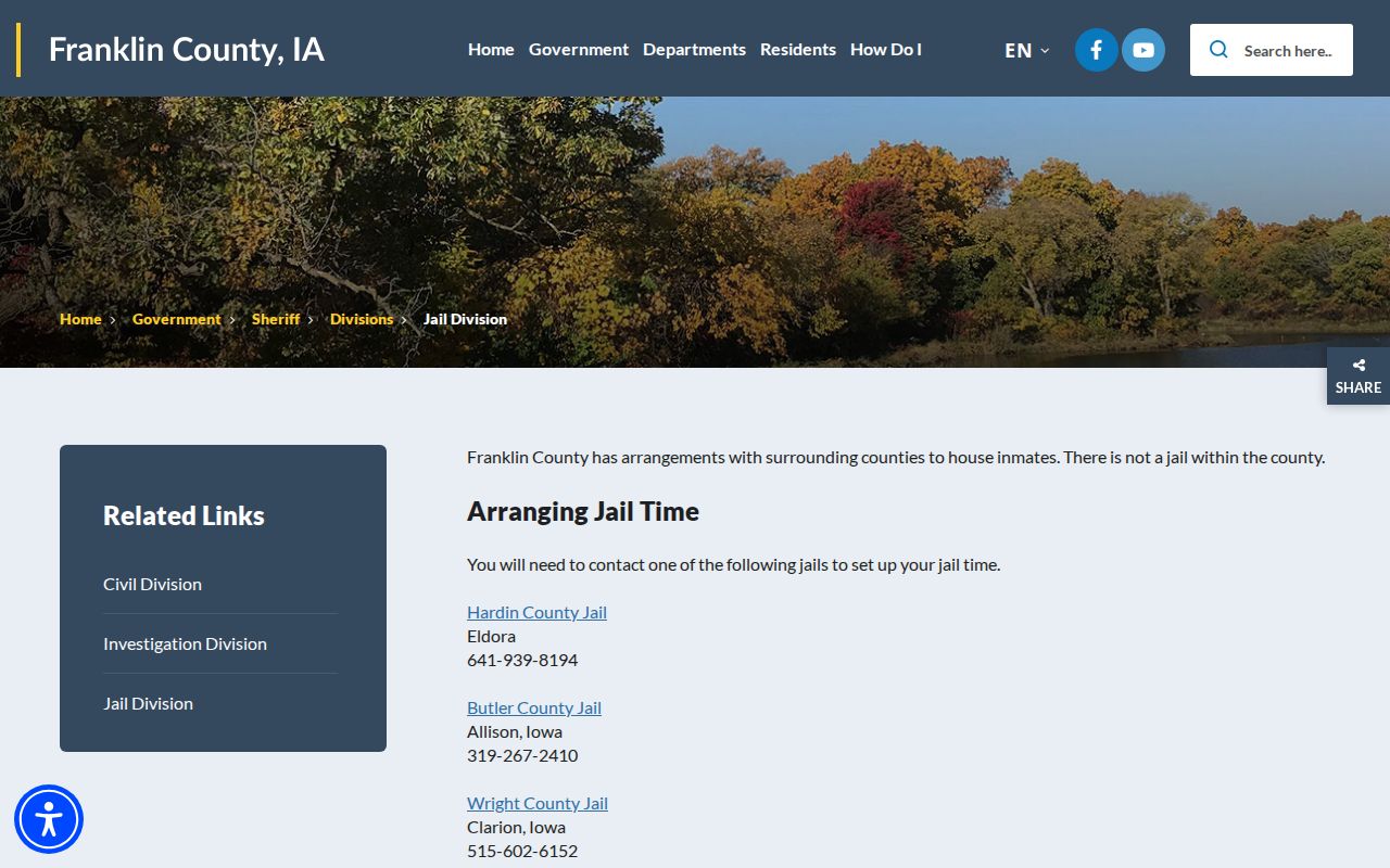 Franklin County Sheriff jail division and cooperating facility information