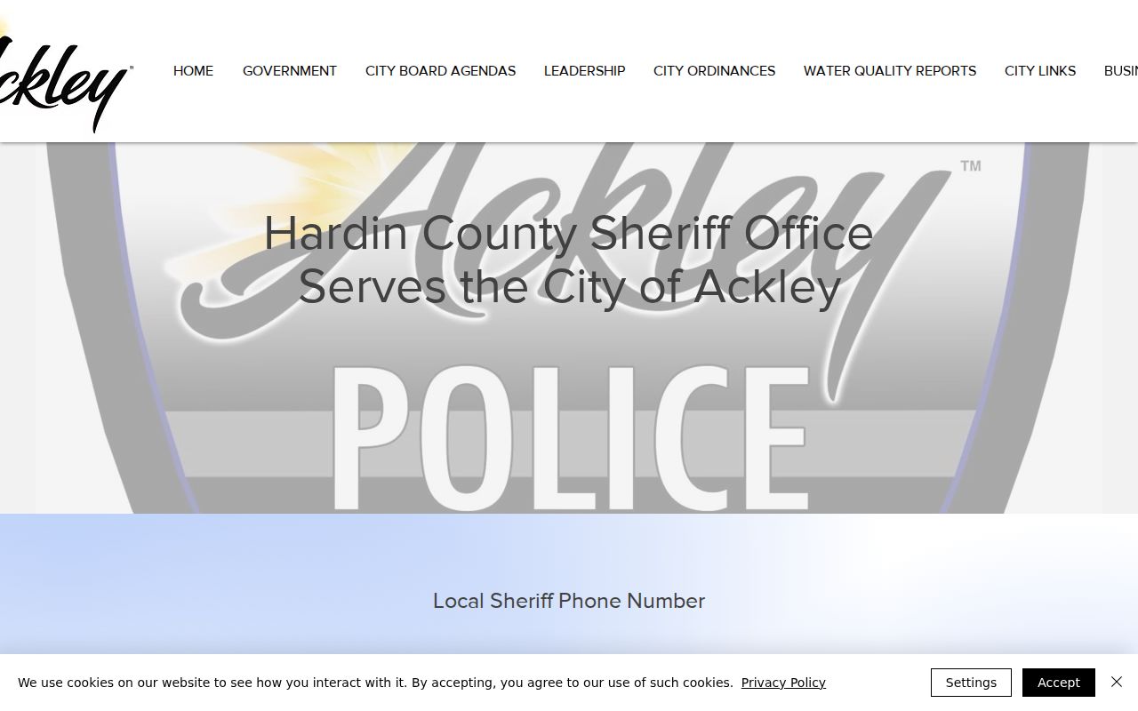 Official Ackley page identifying Hardin County Sheriff service
