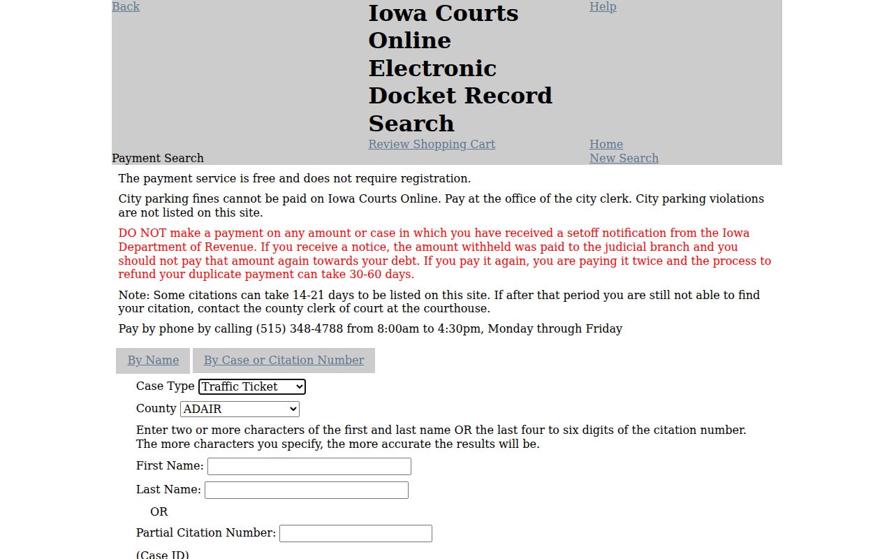 Iowa Courts Online payment search fields for Franklin County court matters