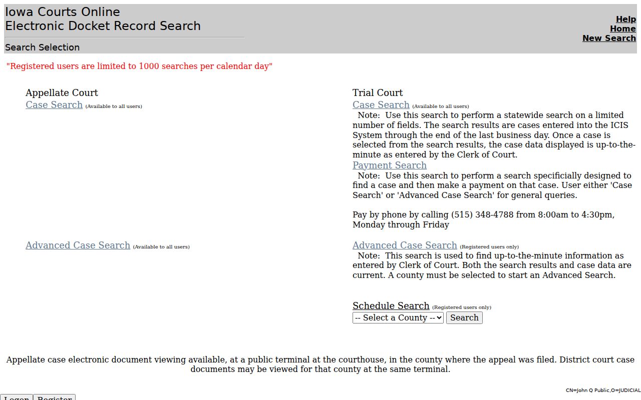 Iowa Courts Online public trial-court search controls for Franklin County cases